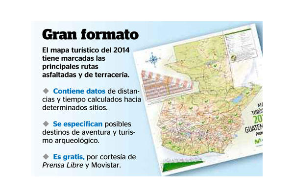 Prensa Libre y Movistar ofrecen a turistas nacionales y extranjeros un mapa actualizado de carreteras y sitios de interés para el verano.