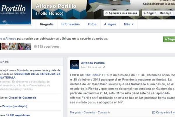 Publicación en la cuenta de Facebook del expresidente Alfonso Portillo, sobre su próxima libertad. (Foto Prensa Libre: Facebook).<br _mce_bogus="1"/>