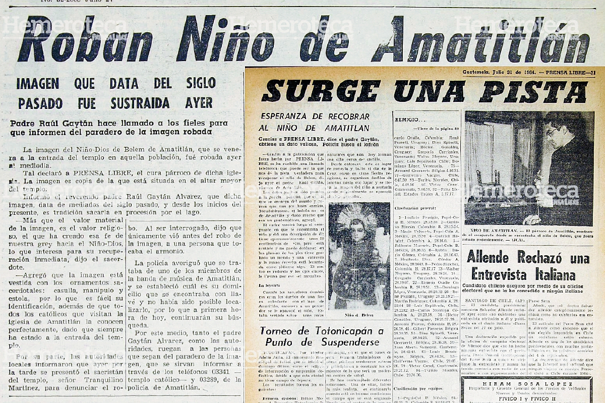 Noticias del año 1964 donde se informaba del robo del Niño de Amatitlán. (Foto Prensa Libre: Hemeroteca)