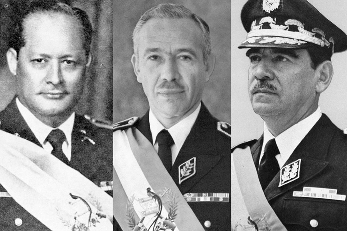 Arana Osorio, Laugerud García y Lucas García, tres generales presidentes. (Fotoarte: Hugo Cuyán Vásquez)