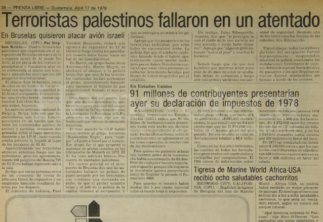 Nota de Prensa Libre del 17/04/1979 informando sobre fallido atentado en Bruselas. (Foto: Hemeroteca PL)