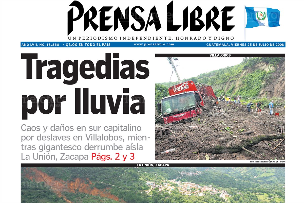 Portada de Prensa Libre del 25/7/2008 informaba sobre el desbordamiento del río Villalobos. (Foto: Hemeroteca PL)