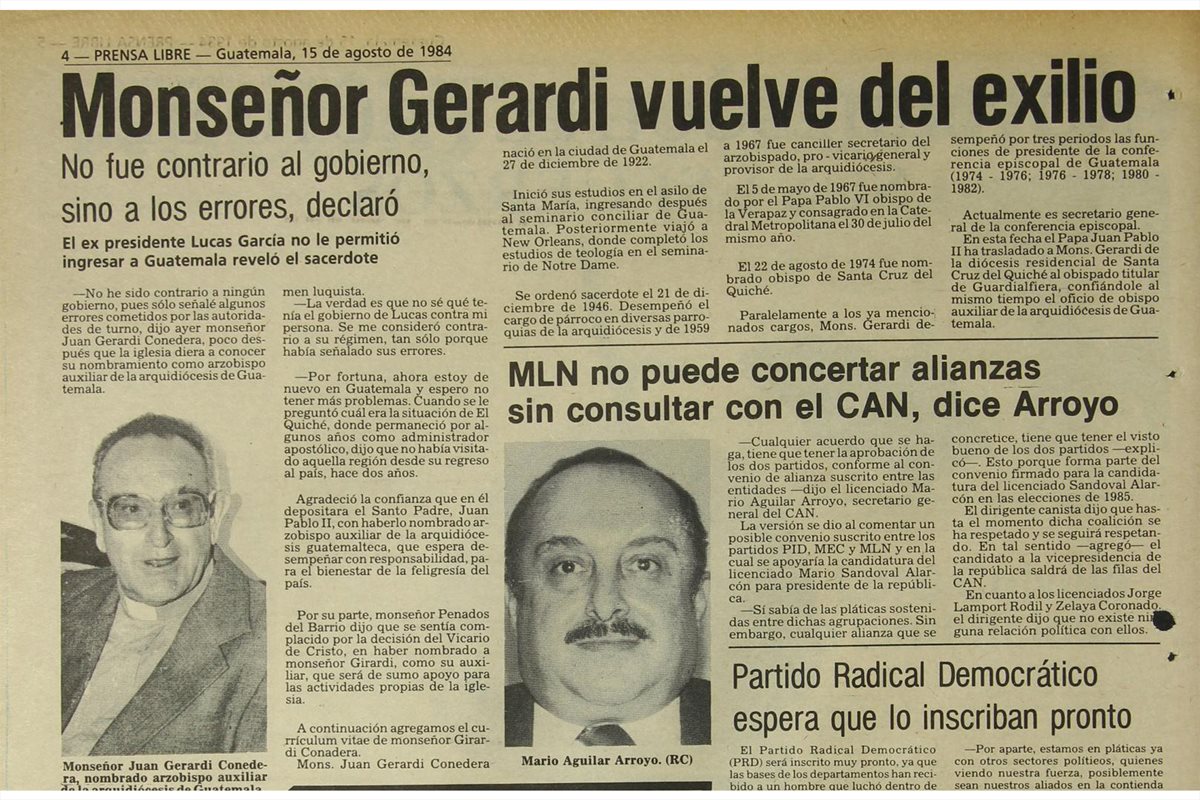 15/8/1994 Vuelve del exilio Monseñor Gerardi luego de permanecer en Costa Rica. (Foto: Hemeroteca PL)
