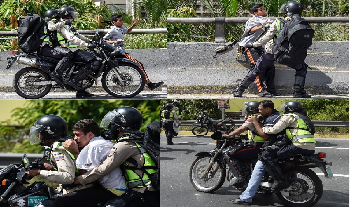 Un combo de fotografías muestra la persecución y captura de manifestantes por la Policía. (Foto Prensa Libre: AFP)