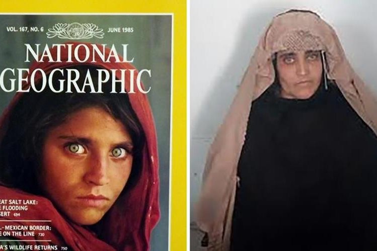 Sharbat Gula, a la izquierda en la famosa portada del National Geographic de 1985, a la derecha, detenida en Pakistán. (Foto: AFP).