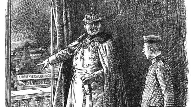 La revista de humor y sátira inglesa Punch publicó una historia sobre la factoría: "No te olvides de que tu Kaíser [Guillermo II] encontrará un uso para ti -vivo o muerto". PUNCH/NATIONAL ARCHIVE