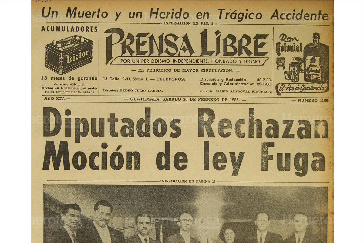Portada de Prensa Libre que informaba sobre la moción de la Ley fuga. 20/02/1965. (Foto: Hemeroteca PL)
