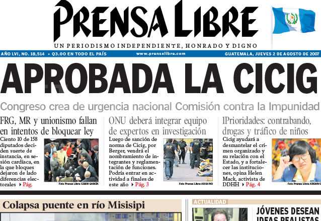 Titular de Prensa Libre del 2 de agosto de 2007 informando sobre la aprobación de la Cicig. (Foto: Hemeroteca PL)