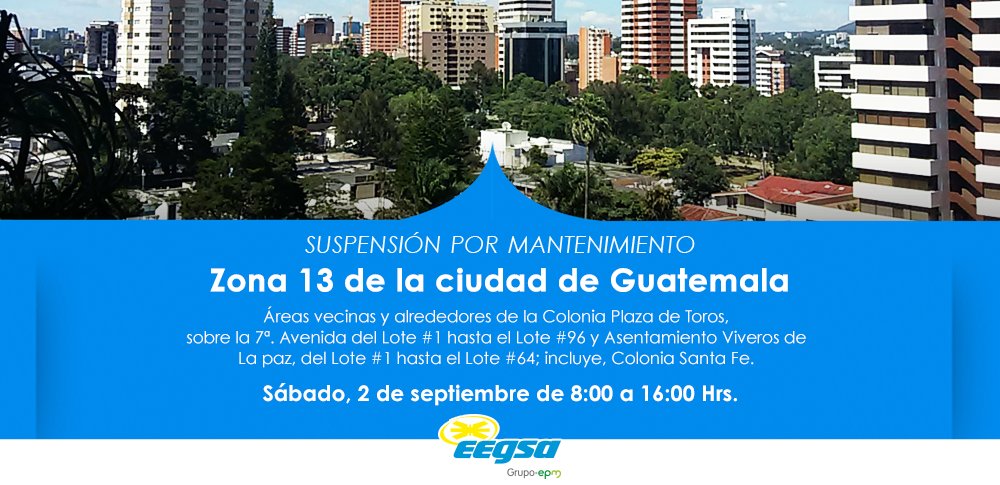 Suspenderán servicio eléctrico en la zona 13