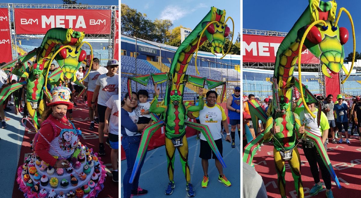 Los hechos de actualidad y la naturaleza son la inspiración del talentoso atleta Pablo Wong, que volvió a ganar el concurso de disfraces en la San Silvestre 2017. (Foto Prensa Libre: Jorge Ovalle)