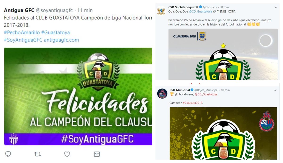 Los equipos de Liga Nacional y Primera División felicitaron al nuevo campeón. (Foto Prensa Libre: Twitter)