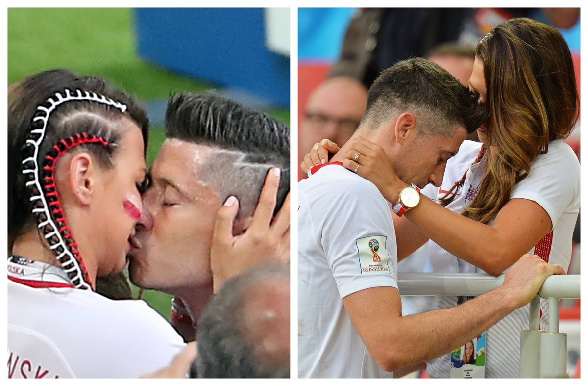 Robert Lewandowski recibe un beso de su esposa Anna, después de la derrota de Polonia contra Senegal. (Foto Prensa Libre: EFE y AFP)