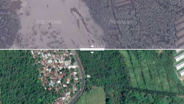 Tomas con dron permiten comparar el antes y después de seis áreas dañas por la explosión del Volcán de Fuego.