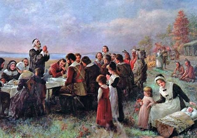 El primer día de Acción de Gracias en Plymouth (1914), de Jennie A. Brownscombe. La pintura muestra la convivencia entre colonizadores y los nativos americanos. (Foto Prensa Libre: Hemeroteca PL)