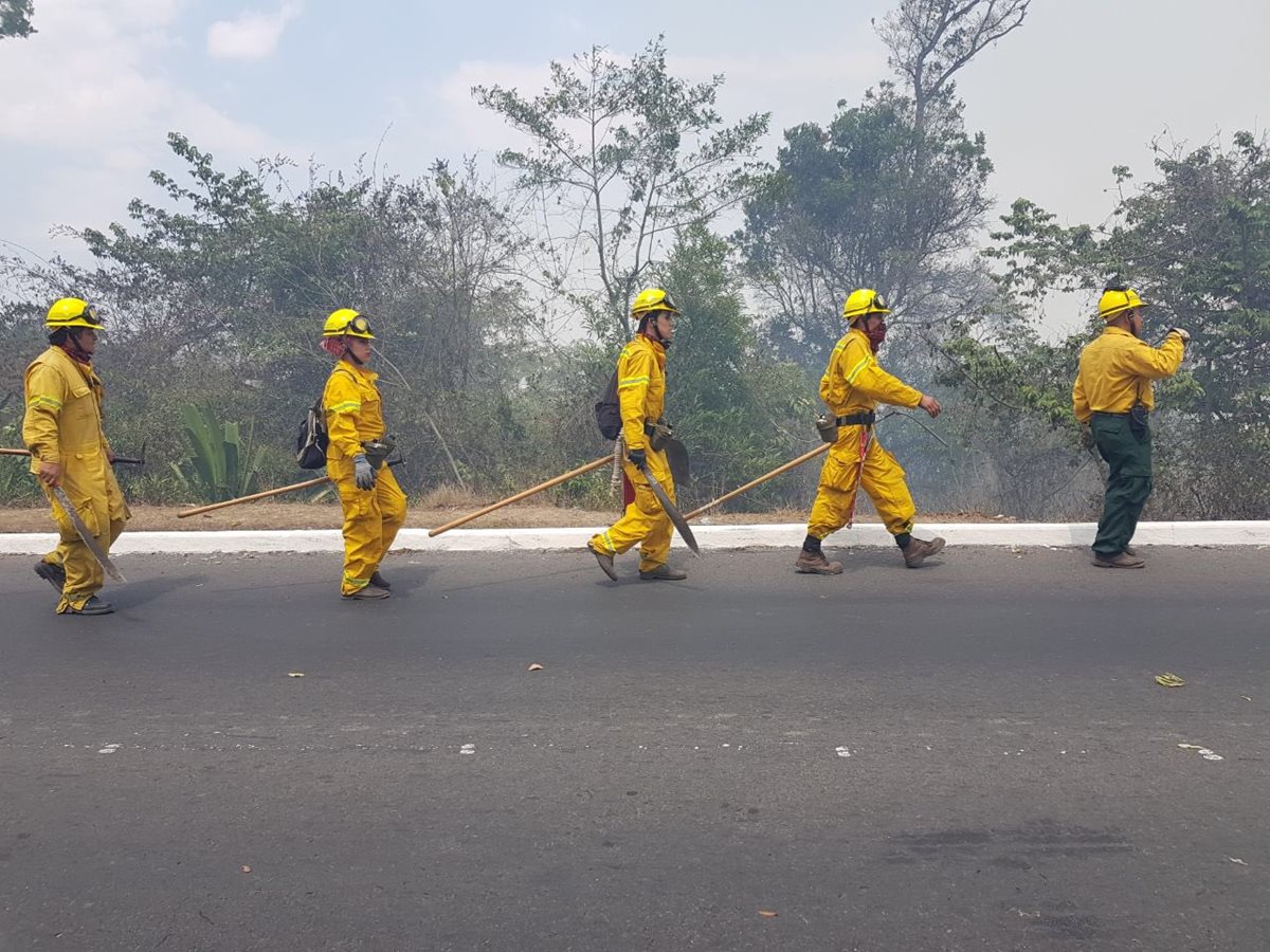 La Brigada de Respuesta a Incendios Forestales de Conred se encuentra en el lugar para apoyar en la labor de los bomberos. (Foto Prensa Libre: Conred)