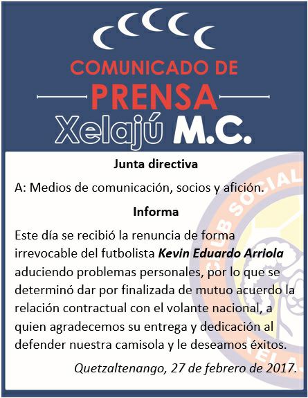 El comunicado de Xelajú MC en el que se da a conocer la renuncia de Kevin Arriola. (Foto tomada de Twitter)