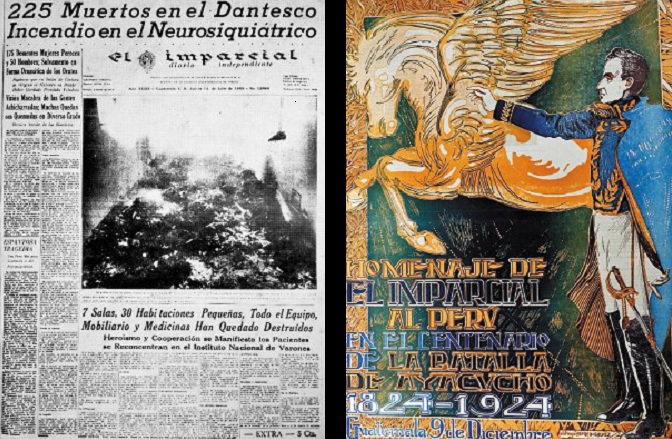 En blanco y negro está la portada del siniestro en el Neuropsiquiátrico, en 1960. A color, una tapa en honor a Perú, la cual data de 1924 Foto: Hemeroteca PL.