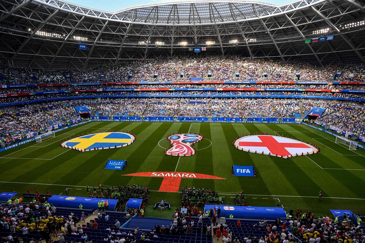 Así lució el estadio Samara Arena donde jugó Inglaterra contra Suecia. (Foto Prensa Libre: AFP).