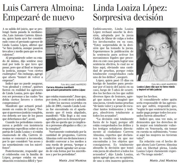El Nacional publicó las reacciones de ambas partes el 22 de octubre de 2004, cuando Carrera fue absuelto.