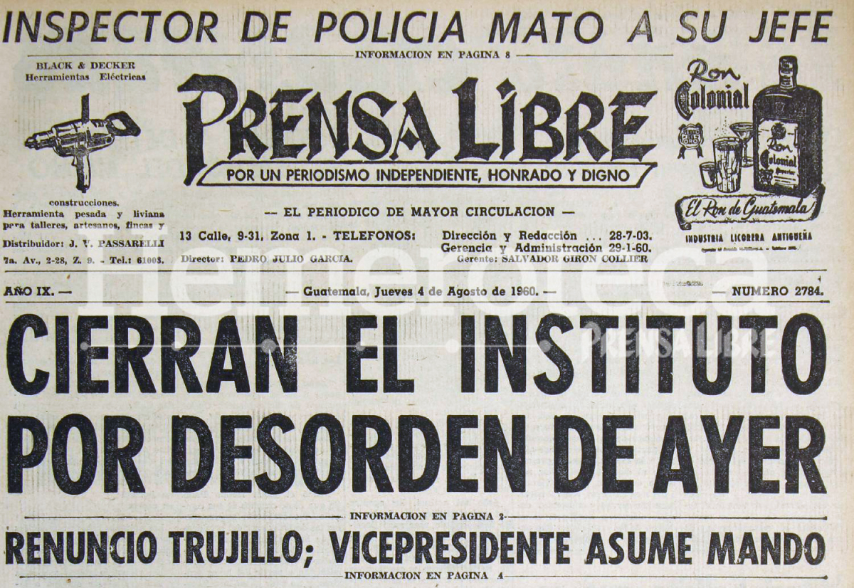 Titulares de la Portada de Prensa Libre del 4/08/1960. (Foto: Hemeroteca PL)