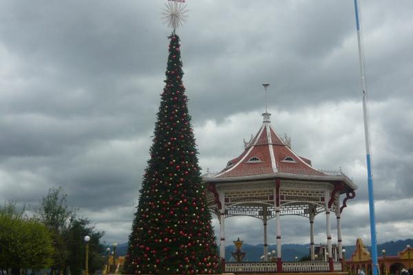 El árbol fue instalado a un costado del quiosco del parque central. (Foto Prensa Libre: Genner Guzmán)<br _mce_bogus="1"/>