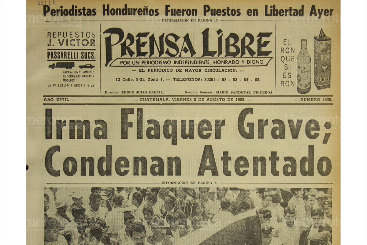 Portada de Prensa Libre del 7/9/1969 Lanzan una potente bomba contra el vehículo de la periodista Irma Flaquer en la avenida Simeon Cañas zona 2.(Foto: Hemeroteca PL)