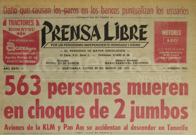 Titular de Prensa Libre del 28 de marzo de 1977 informando sobre el aparatoso accidente. (Foto: Hemeroteca PL)
