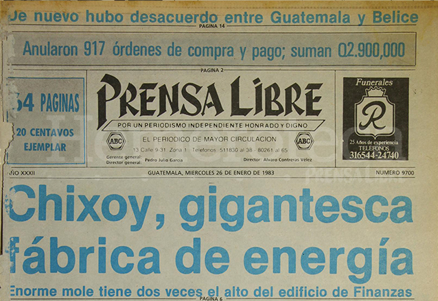 Titular de Prensa Libre del 26 de enero de 1983 informando sobre las obras de la Hidroeléctrica de Chixoy. (Foto: Hemeroteca PL)