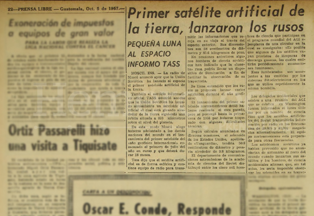 Nota de Prensa Libre del 5 de octubre de 1957 informando sobre el lanzamiento del Sputnik por parte de Rusia. (Foto: Hemeroteca PL)