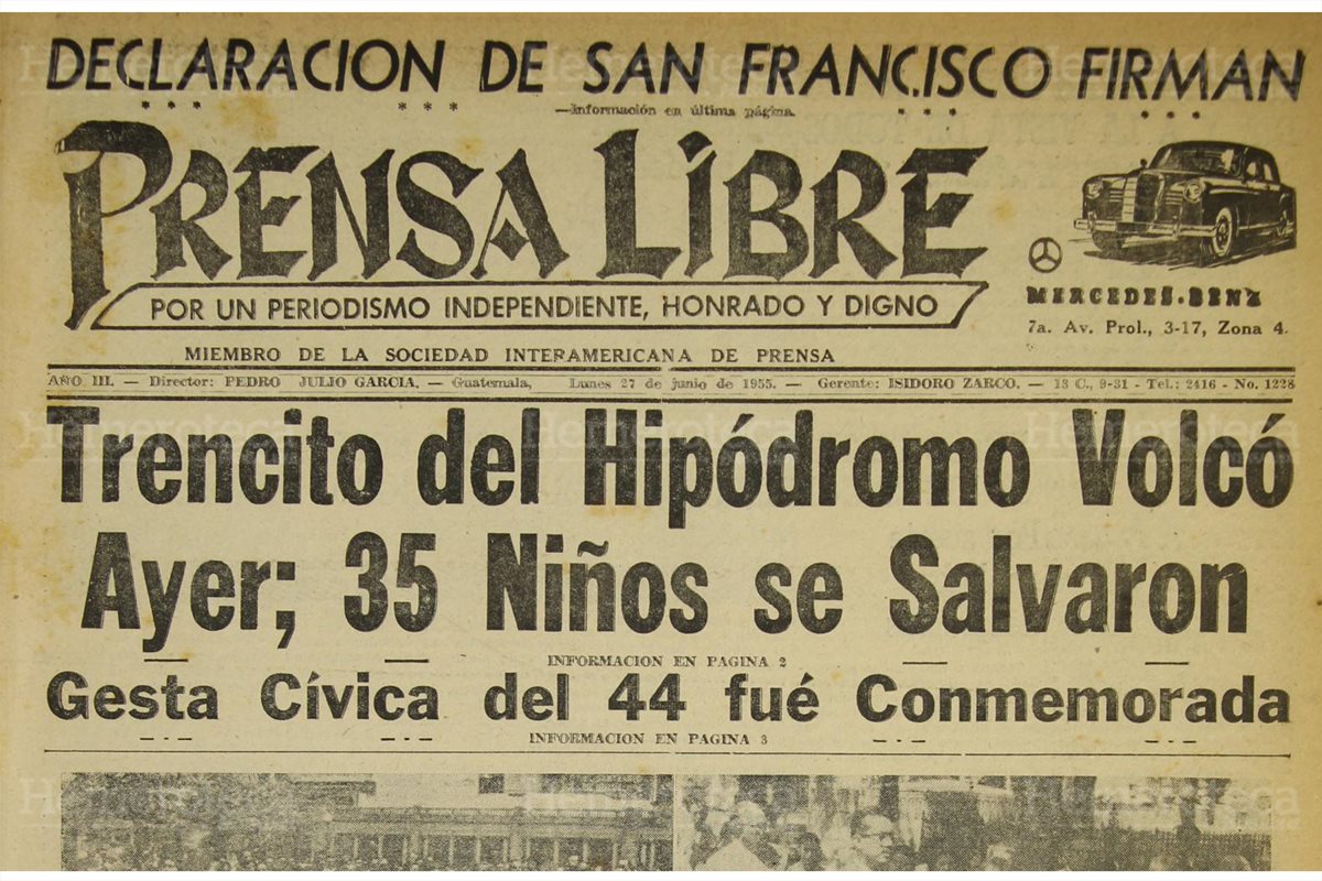 La Portada de Prensa Libre del 27/06/1955 informaba sobre el accidente del trencito del Hipódromo. Foto: Hemeroteca PL)