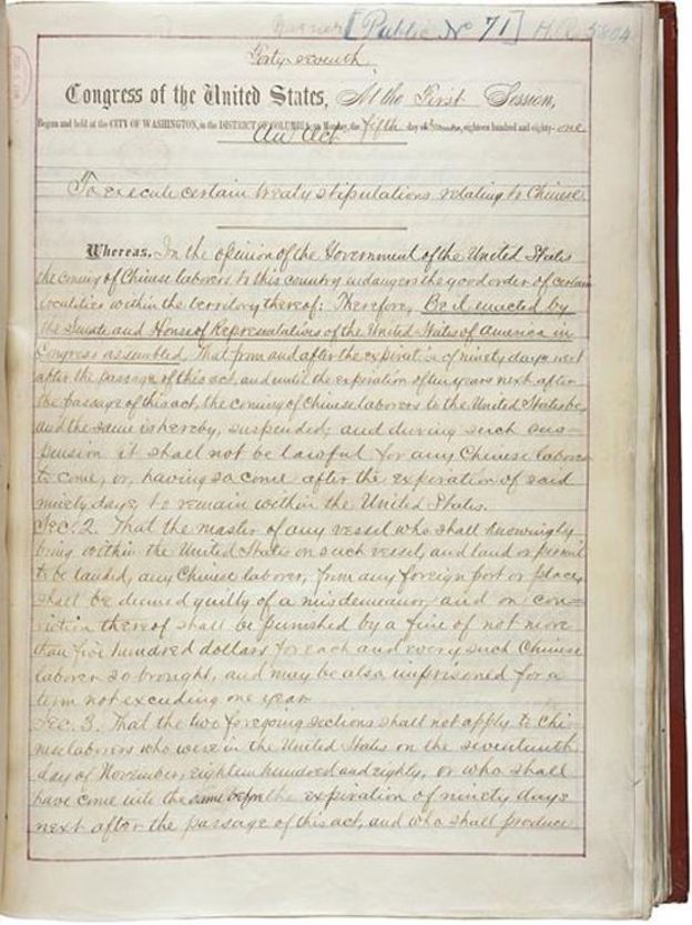 La Ley de Exclusión de Chinos se aprobó el 6 de mayo de 1882. ARCHIVOS NACIONALES DEL GOBIERNO DE EE.UU.
