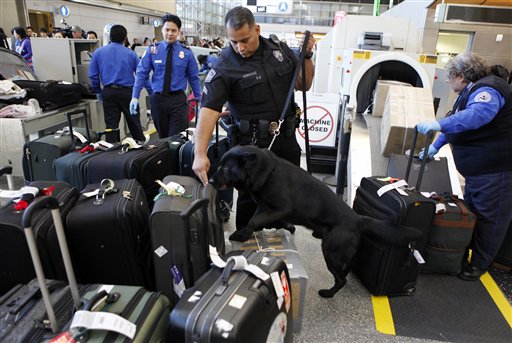 Un agente policial y un perro inspeccionan equipaje en el aeropuerto de Los Ángeles, EE.UU. (Foto Prensa Libre: AP).