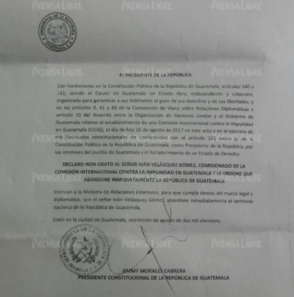 Carta con la que Jimmy Morales declara non grato a Iván Velásquez. (Foto Prensa Libre: Cortesía).
