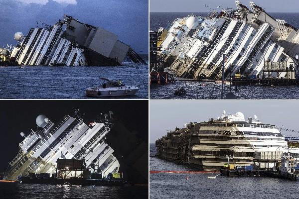 Secuencia de imágenes que muestra el progreso de enderezado del Costa Concordia. (Foto Prensa Libre: EFE)