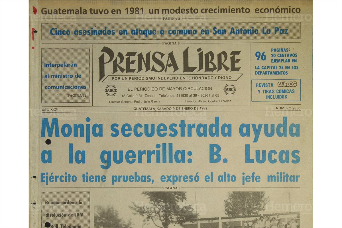 Portada de Prensa Libre del 9/1/1982 donde se informa del secuestro de sor Victoria de La Roca. (Foto: Hemeroteca PL)