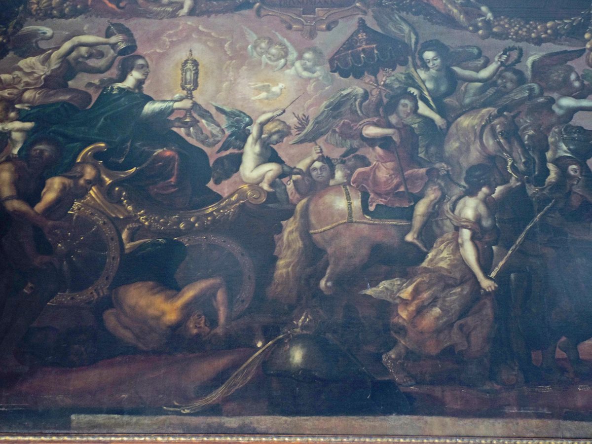 Detalle de la monumental pintura "Triunfo de la Eucaristía"  que se encuentra en la Catedral Metropolitana, obra de Pedro Ramírez. (Foto: Néstor Galicia)
