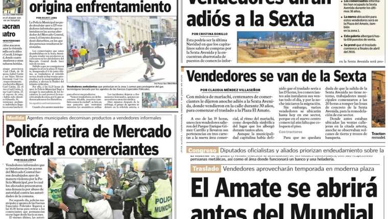 Desde 2010 la comuna retiró las ventas ambulantes de la 6a. avenida y trasladó a los comerciantes a la Plaza El Amate. (Foto Prensa Libre: Hemeroteca PL)