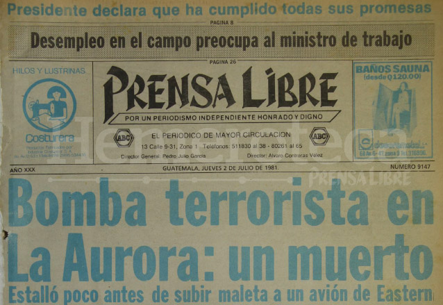 Titular de Prensa Libre del 2 de julio de 1981. (Foto: Hemeroteca PL)