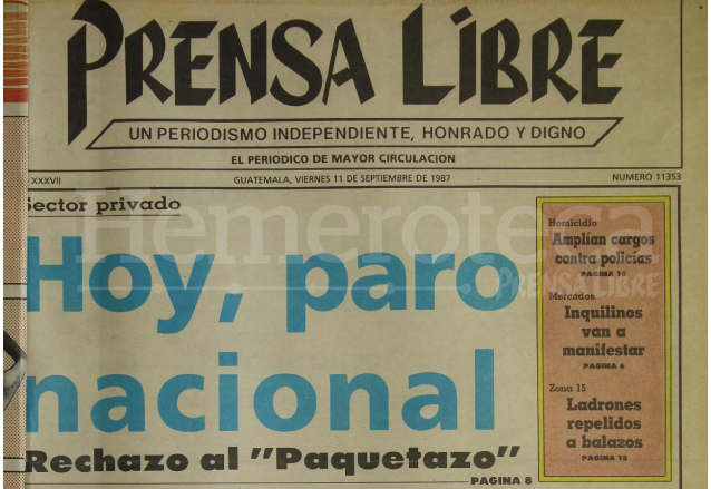 Portada de Prensa Libre del 11/09/1987. (Foto: Hemeroteca PL)