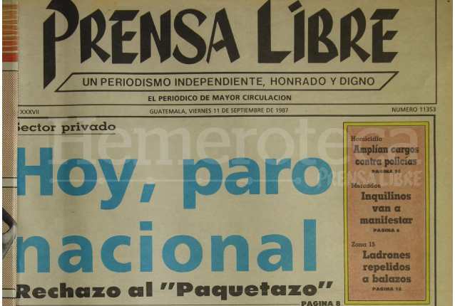 Portada de Prensa Libre del 11/09/1987. (Foto: Hemeroteca PL)