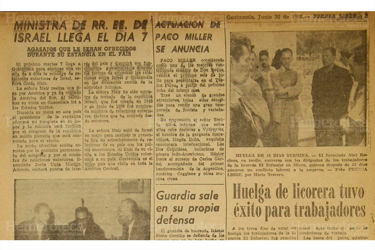 Página interior en la cual Prensa Libre destacó la visita de la Ministra de Relaciones Exteriores de Israel, el 30/6/1959. (Foto: Hemeroteca PL)