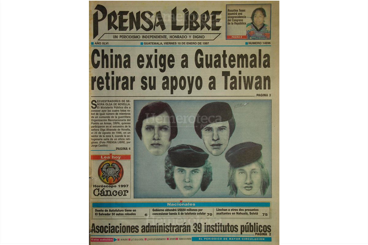Portada de Prensa Libre del 10/01/1997 El Ministerio Público publica las fotos robot de los secuestradores de la empresaria Alvarado de Novella. (Foto: Hemeroteca PL)