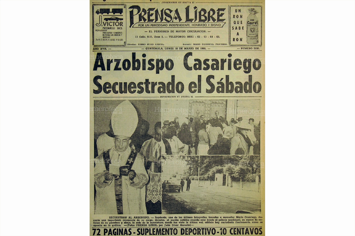 Portada de Prensa Libre del 18 de marzo de 1968 donde se informaba del secuestro de monseñor Casariego. Foto: Hemeroteca PL