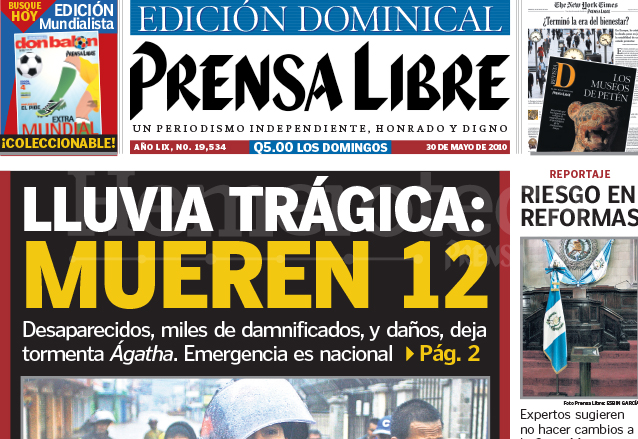 Titular de Prensa Libre del 30 de mayo de 2010 informando sobre los daños provocados por la tormenta Ágatha. (Foto: Hemeroteca PL)