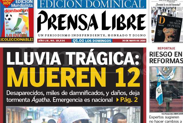 Titular de Prensa Libre del 30 de mayo de 2010 informando sobre los daños provocados por la tormenta Ágatha. (Foto: Hemeroteca PL)