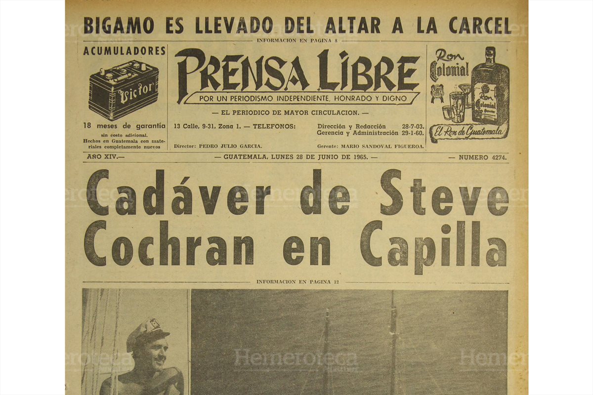 28/06/1965 Portada de Prensa Libre daba a conocer sobre la trágica muerte del actor. (Foto: Hemeroteca PL)
