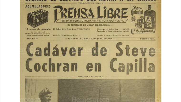 28/06/1965 Portada de Prensa Libre daba a conocer sobre la trágica muerte del actor. (Foto: Hemeroteca PL)