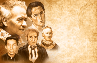 Arriba, de izquierda a  derecha, Florentino Ajcapajá y Roberto Ossaye; abajo, Hermógenes López, Francisco Cabrera y Francisco de Paula García Peláez. Ilustración Esteban Arreola