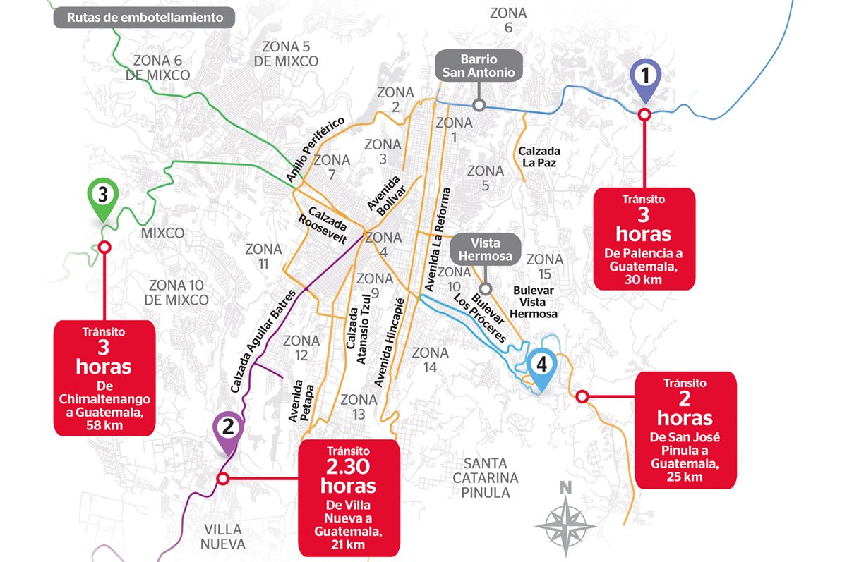 Una causa de los embotellamientos es el aumento del parque vehicular, y no el crecimiento de la infraestructura vial. (Infografía Prensa Libre: Esteban Arreola)