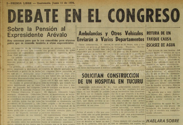Nota de Prensa Libre del 11 de junio de 1970 sobre la discusión parlamentaria de otorgarle una pensión al ex presidente Arévalo. (Foto: Hemeroteca PL)